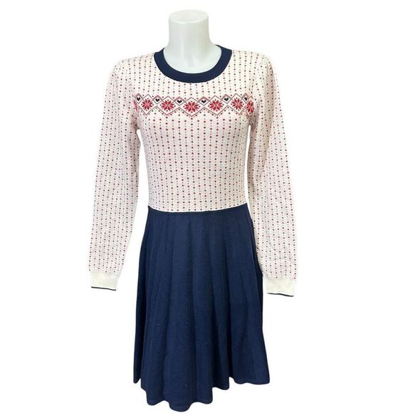 Draper James Wool Blend Fair Isle Knit Fit Flare LS Sweater Dress sz M‎ NEW - Picture 1 of 13